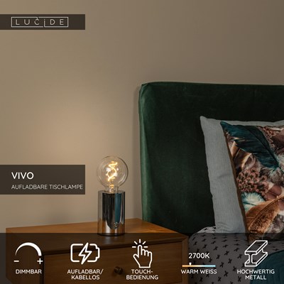 Lucide VIVO - wiederaufladbare Tischlampe - Akku/Batterie - Ø 8 cm - LED Dim. - E27 - 1x1W 2700K - Chrom